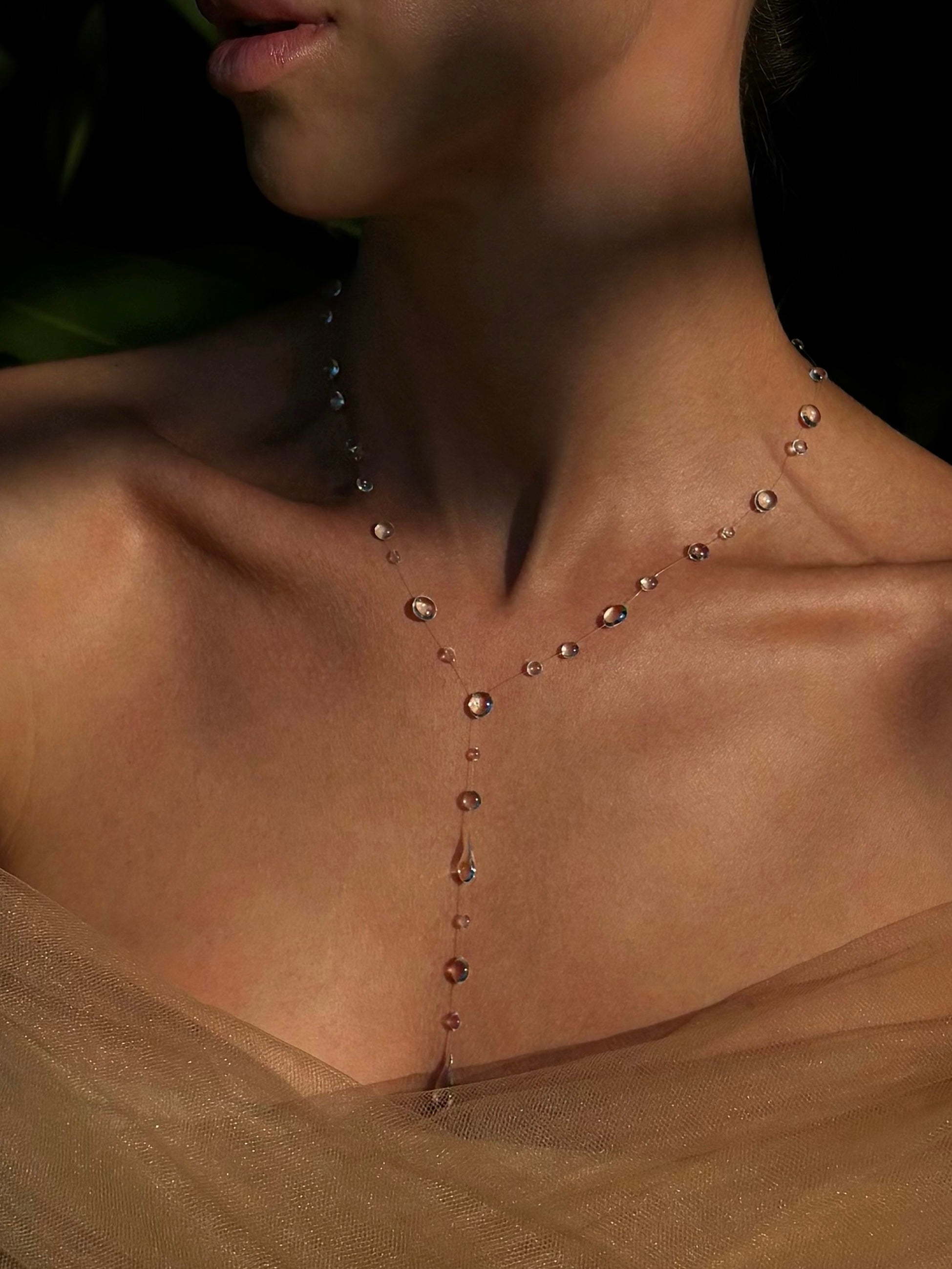 Dew Drop Necklace Long Drops - Invisible Thread UV Resin Jewelry Gift for Her