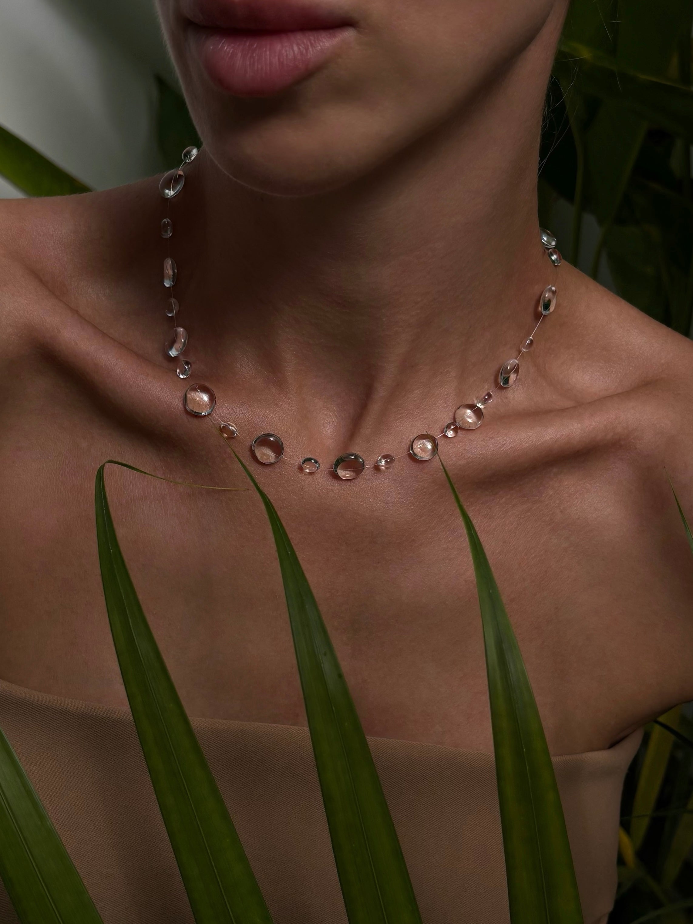 Dew drop choker invisible thread - UV resin floating water drops bridal necklace